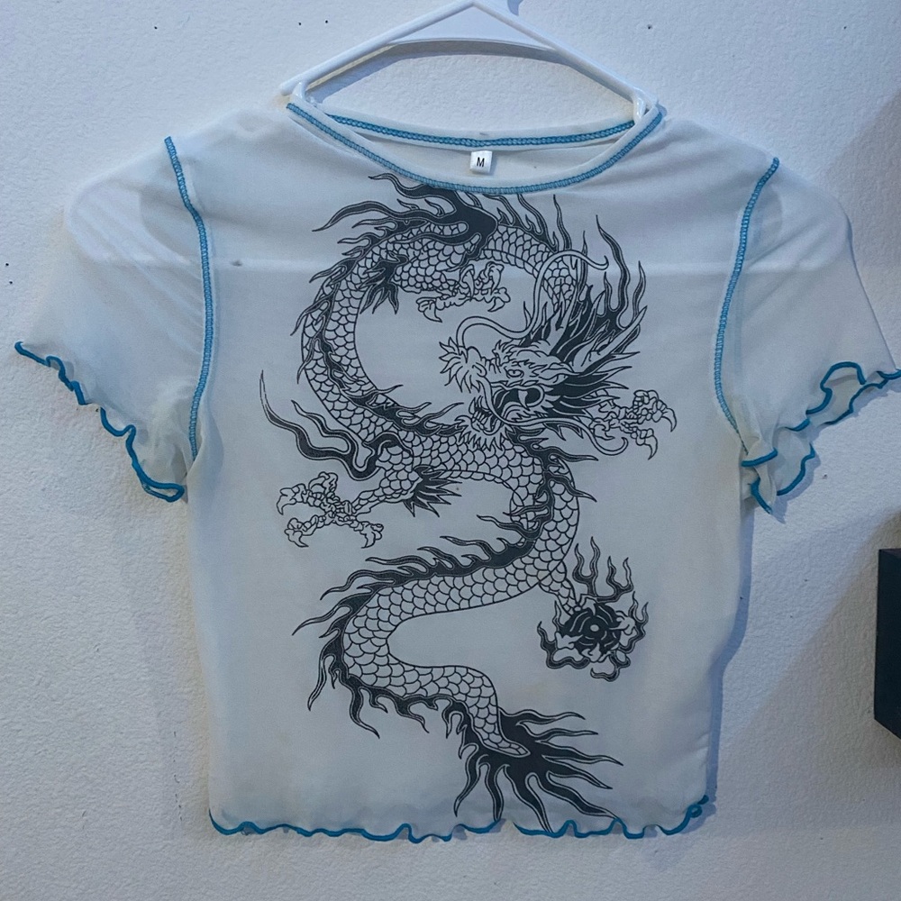 Dragon Printed Mesh Transparent Short Sleeve Crop Tee.